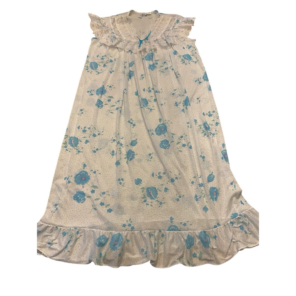 Vintage Bernette Nightgown Womens Large Blue Floral Lace Ruffle Cottagecore USA